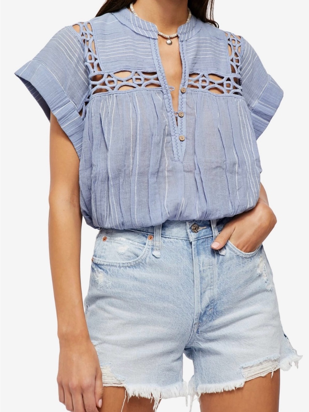 NWT Free People Light Blue Crochet Trim Pintuck Blouse